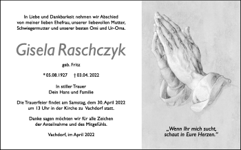 Traueranzeige von Gisela Raschczyk von Südthüringer Presse