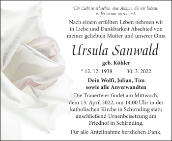 Traueranzeige von Ursula Sanwald von Frankenpost