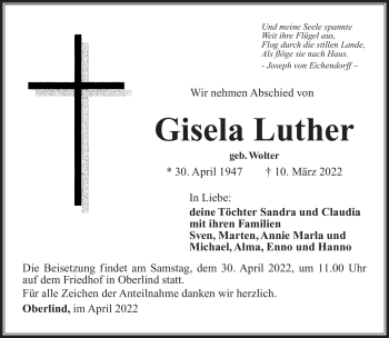Traueranzeige von Gisela Luther von Südthüringer Presse