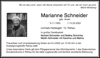 Traueranzeige von Marianne Schneider von Frankenpost