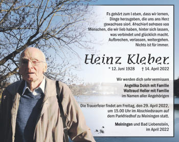 Traueranzeige von Heinz Kleber von Südthüringer Presse