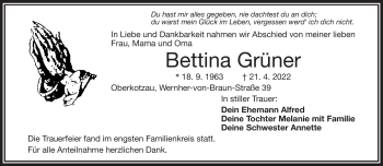 Traueranzeige von Bettina Grüner von Frankenpost