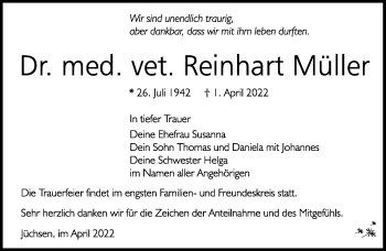 Traueranzeige von Reinhart Dr. med. vet. Müller von Südthüringer Presse