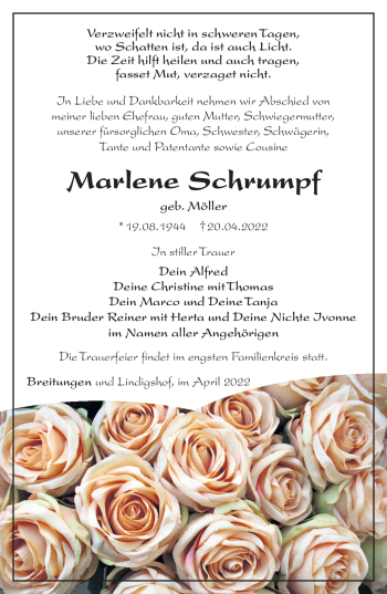 Traueranzeige von Marlene Schrumpf von Südthüringer Presse
