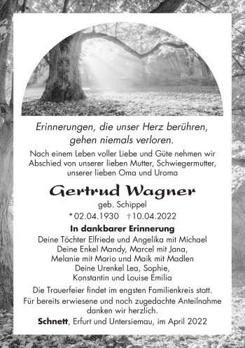 Traueranzeige von Gertrud Wagner von Südthüringer Presse