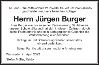 Traueranzeige von Jürgen Burger von Frankenpost