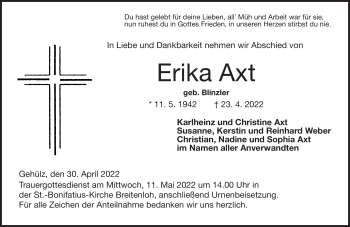 Traueranzeige von Erika Axt von Neue Presse Coburg