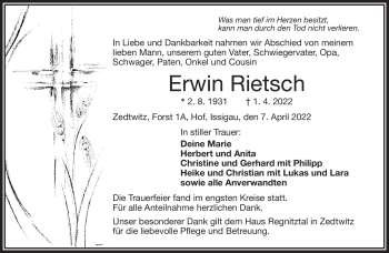 Traueranzeige von Ewin Rietsch von Frankenpost