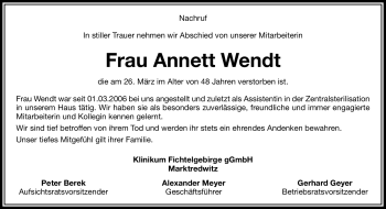 Traueranzeige von Annett Wendt von Frankenpost