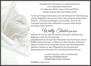 Traueranzeige von Wally Täuber von Südthüringer Presse