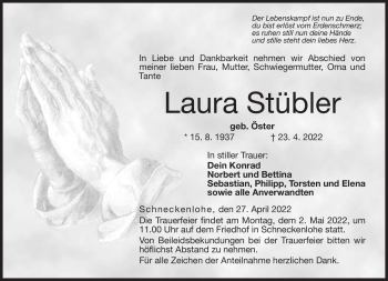 Traueranzeige von Laura Stübler von Neue Presse Coburg