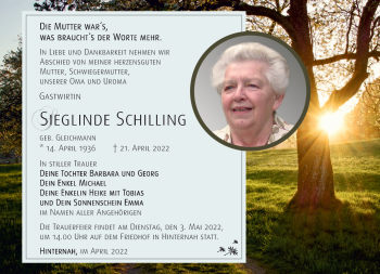 Traueranzeige von Sieglinde Schilling von Südthüringer Presse