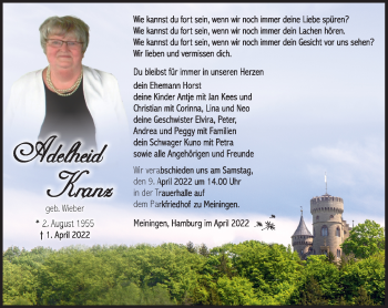 Traueranzeige von Adelheid Kranz von Südthüringer Presse