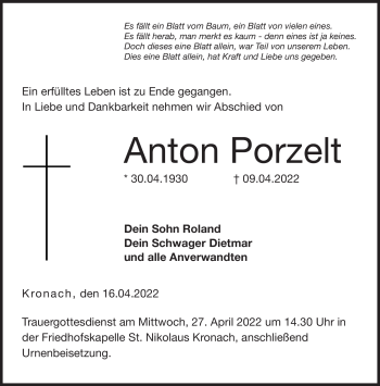 Traueranzeige von Anton Porzelt von Neue Presse Coburg