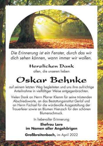 Traueranzeige von Oskar Behnke von Südthüringer Presse