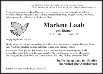 Traueranzeige von Marlene Laab von Südthüringer Presse