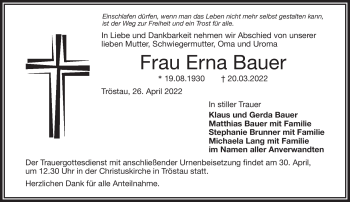 Traueranzeige von Erna Bauer von Frankenpost
