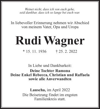 Traueranzeige von Rudi Wagner von Südthüringer Presse