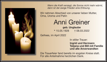 Traueranzeige von Anni Greiner von Frankenpost