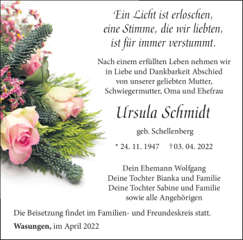 Traueranzeige von Ursula Schmidt von Südthüringer Presse