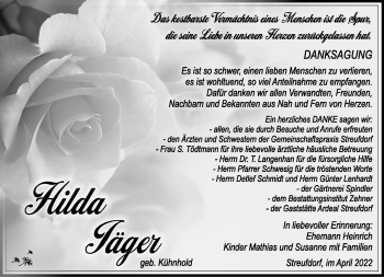 Traueranzeige von Hilda Jäger von Südthüringer Presse