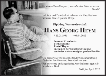 Traueranzeige von Hans Georg Heym von Südthüringer Presse
