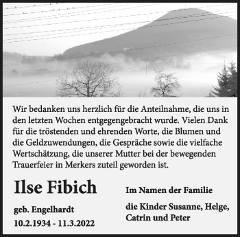 Traueranzeige von Ilse Fibich von Südthüringer Presse