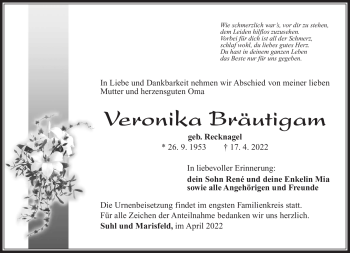 Traueranzeige von Veronika Bräutigam von Südthüringer Presse