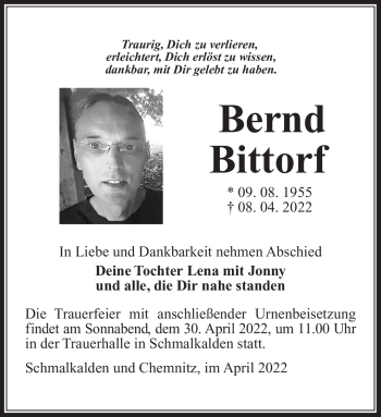 Traueranzeige von Bernd Bittorf von Südthüringer Presse