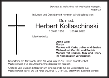 Traueranzeige von Herbert Kollaschinski von Frankenpost