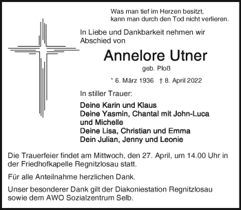 Traueranzeige von Annelore Utner von Frankenpost