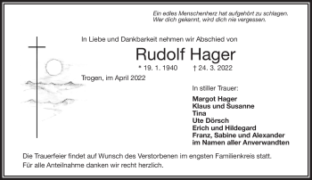 Traueranzeige von Rudolf Hager von Frankenpost