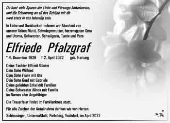 Traueranzeige von Elfriede Pfalzgraf von Südthüringer Presse
