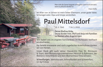 Traueranzeige von Paul Mittelsdorf von Südthüringer Presse