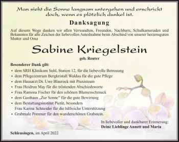 Traueranzeige von Sabine Kriegelstein von Südthüringer Presse