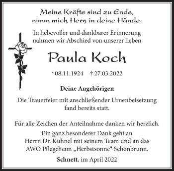 Traueranzeige von PaulaPaula KochKoch von Südthüringer Presse