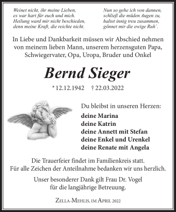Traueranzeige von Bernd Sieger von Südthüringer Presse
