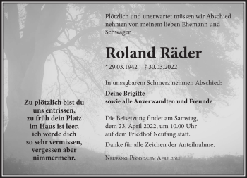 Traueranzeige von Roland Räder von Südthüringer Presse