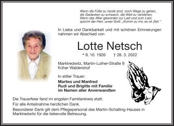 Traueranzeige von Lotte Netsch von Frankenpost