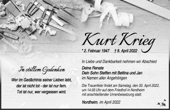 Traueranzeige von Kurt Krieg von Südthüringer Presse