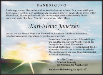 Traueranzeige von Karl-Heinz Janetzky von Südthüringer Presse