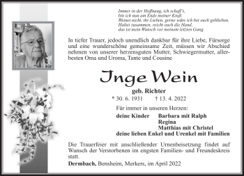 Traueranzeige von Inge Wein von Südthüringer Presse