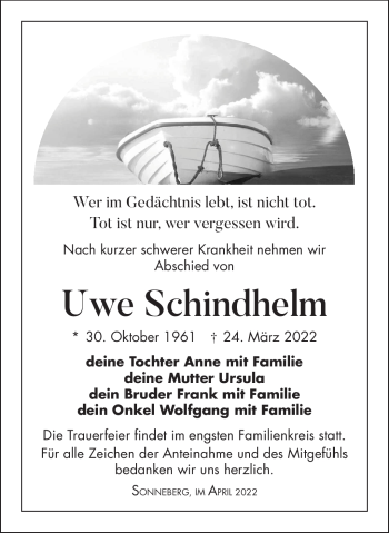 Traueranzeige von Uwe Schindhelm von Südthüringer Presse