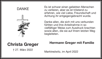 Traueranzeige von Christa Greger von Frankenpost