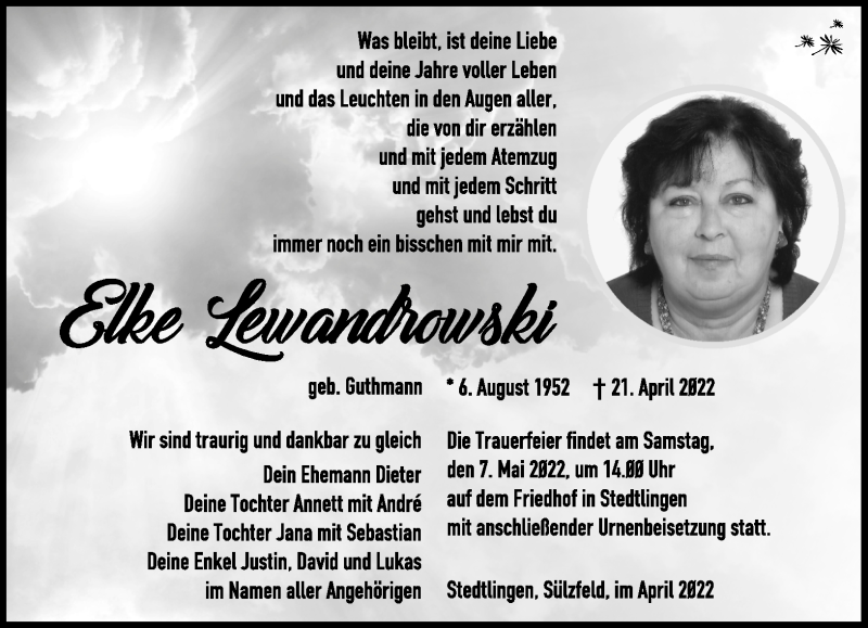  Traueranzeige für Elke Lewandrowski vom 30.04.2022 aus Südthüringer Presse