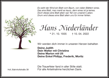 Traueranzeige von Hans Niederländer von Frankenpost