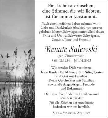 Traueranzeige von Renate Salewski von Südthüringer Presse