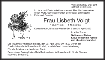 Traueranzeige von Lisbeth Voigt von Frankenpost