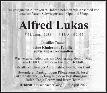 Traueranzeige von Alfred Lukas von Südthüringer Presse