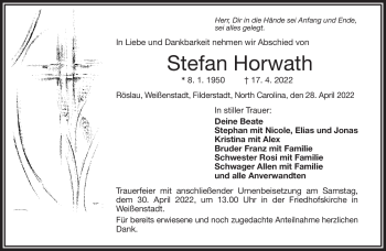 Traueranzeige von Stefan Horwarth von Frankenpost
